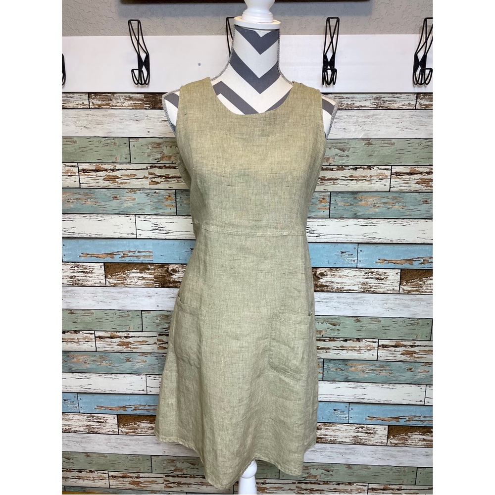 Women's FLAX 100% Linen Shift Dress Sleeveless w/ Pockets Lagonlook Size P 4-6